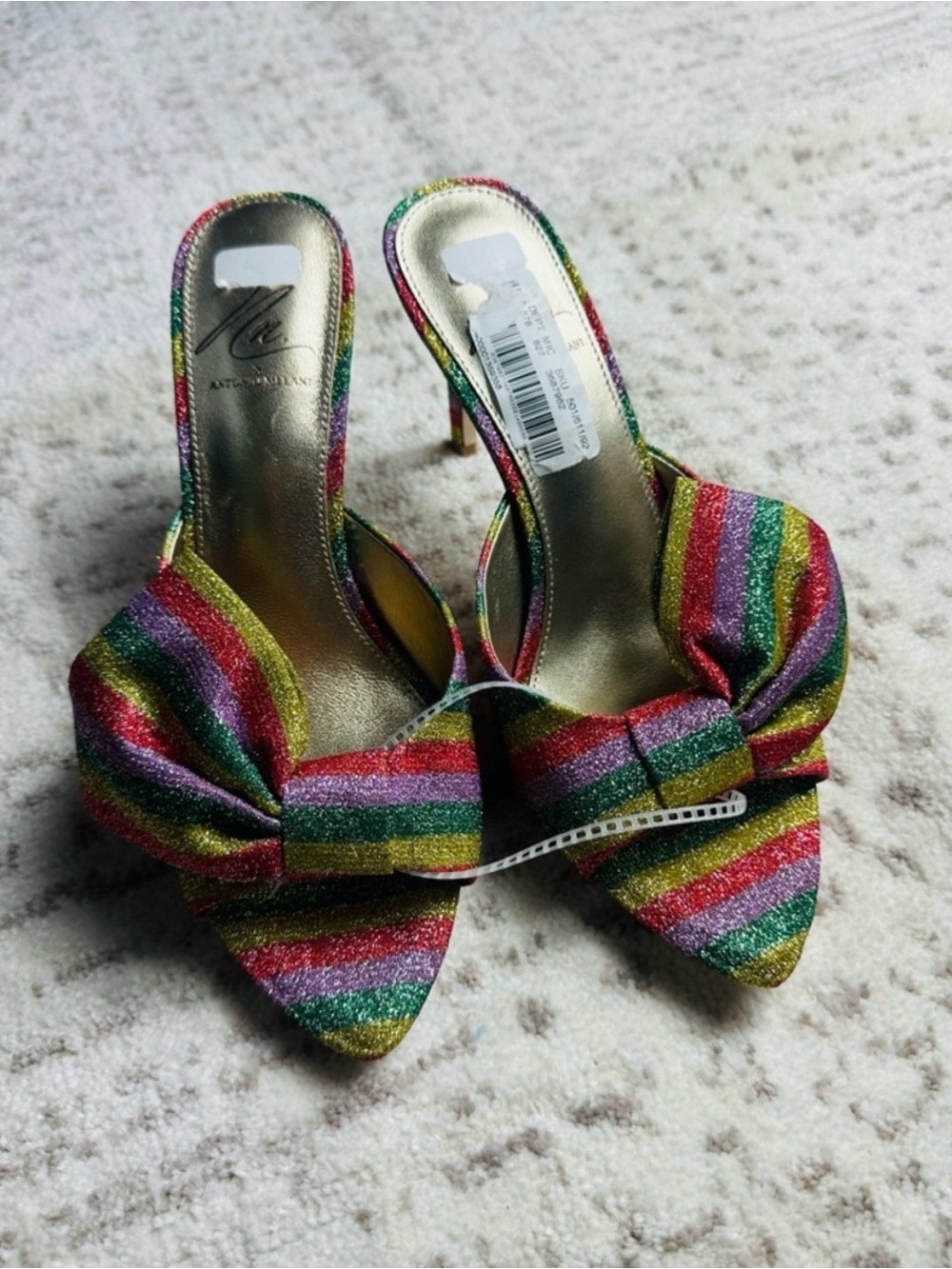ANTONIO MELANI Rainbow Striped Bow Pointed Heels- Multicolor Glitter - Picture 4 of 14